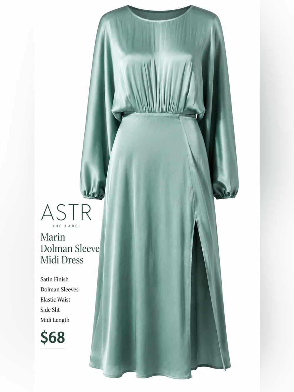 ASTR The Label Marin Dolman Sleeve Satin Midi Dress Sage Green Side Slit M
